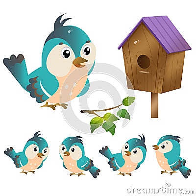 Color images of cartoon bird with birdhouse on white background. Vector illustration set for kids Vector Illustration