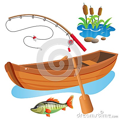 Color images of cartoon boat with paddles, fishing rod and big fish on white background. Hobby and fishery. Vector illustration Vector Illustration