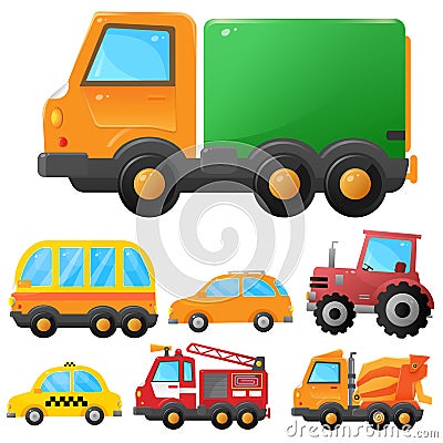 Color images of cartoon cars. Taxi and passenger car. Truck and tractor. Fire truck and concrete mixer. Transport or vehicle. Vector Illustration