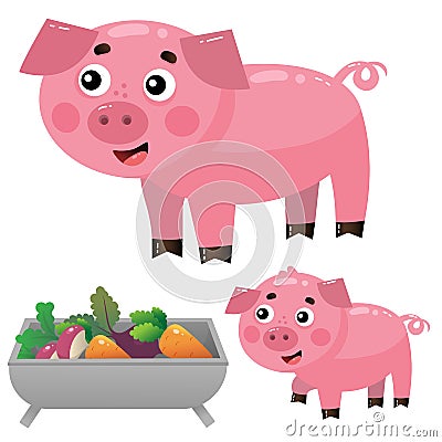 Color images of cartoon pig with piggy on white background. Farm animals. Vector illustration set for kids Vector Illustration