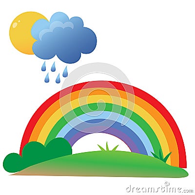 Color images of cartoon sun with clouds, rain and rainbow on white background. Outdoors games. Vector illustration set Vector Illustration