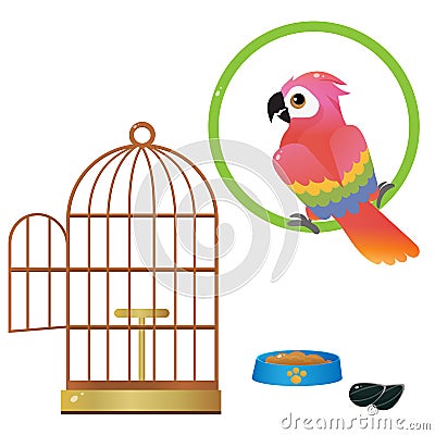 Color images of colorful parrot and bird cage on white background. Pets. Vector illustration set for kids Vector Illustration