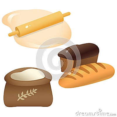 Color images of dough with rolling pin, flour and bread with wheat loaf on white background. Food and meals. Kitchen and cooking. Vector Illustration