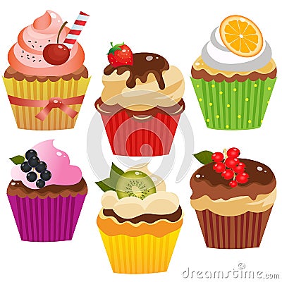 Color images of holiday cupcakes or muffins on white background. Pastry and bakery. Vector illustration set for kids Vector Illustration