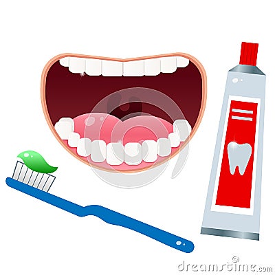 Color images of open mouth with white clean teeth and toothbrush, toothpaste on white background. Health and hygiene. Vector Vector Illustration