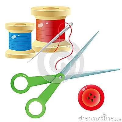 Color images of spools of thread with needle, scissors and red button on a white background. Set for sewing. Vector illustration Vector Illustration