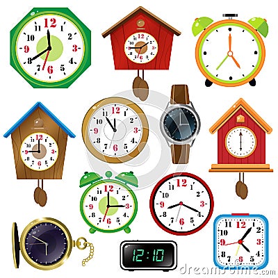 Color images of watches on white background. Alarm clock, wall clock with cuckoo, electronic timepiece, wristwatch. Vector Vector Illustration