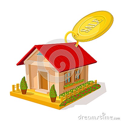 Color of isometric image of private house with round tally sale on white Vector Illustration