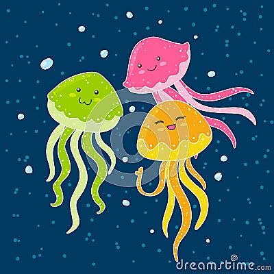 Color jellyfishes on blue Vector Illustration
