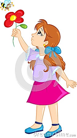 Color kawaii drawing of a girl showing a flower to a bee for children`s book Vector Illustration