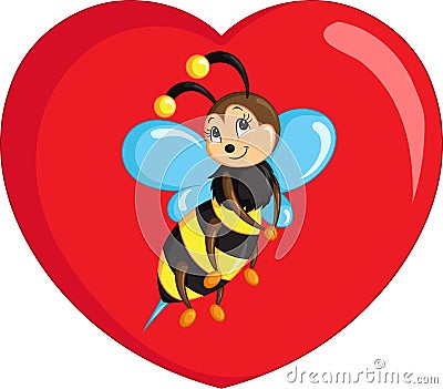 Color kawaii drawing of a little bee on a heart for children`s coloring book or Valentine`s Day card Vector Illustration