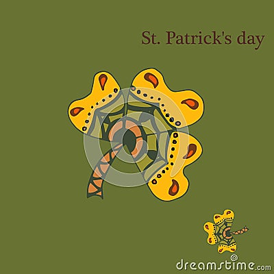 Color leaflet clover, on St. Patrick`s Day for. Ethnic bohemian background with the word lucky. Vintage decorative Vector Illustration