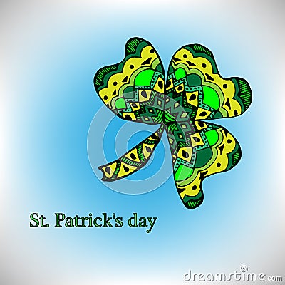Color leaflet clover, on St. Patrick`s Day for. Ethnic bohemian background with the word lucky. Vintage decorative Vector Illustration