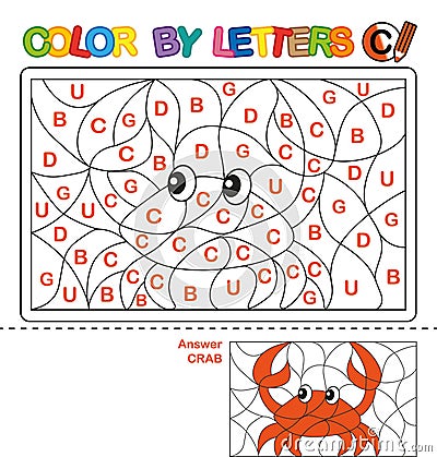 Color by letter. Puzzle for children. Crab Vector Illustration