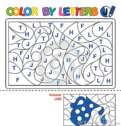 Color by letter. Puzzle for children. Jug Vector Illustration