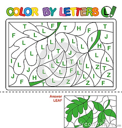 Color by letter. Puzzle for children. Leaf Vector Illustration