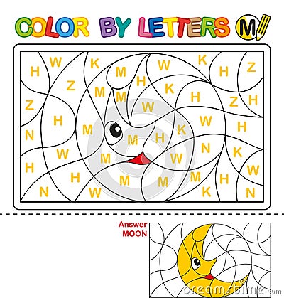 Color by letter. Puzzle for children. Moon Vector Illustration