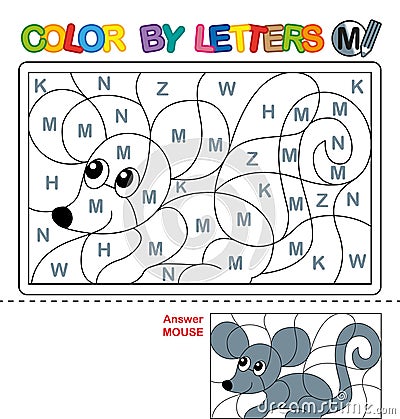 Color by letter. Puzzle for children. Mouse Vector Illustration