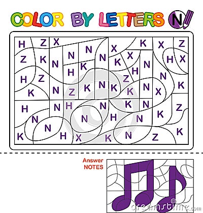 Color by letter. Puzzle for children. Notes Vector Illustration