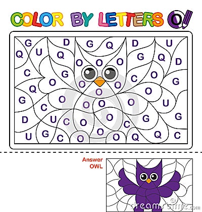 Color by letter. Puzzle for children. Owl Vector Illustration