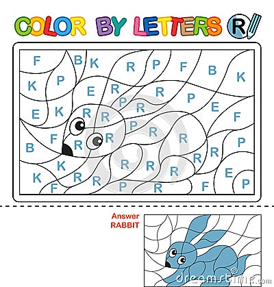 Color by letter. Puzzle for children. Rabbit Vector Illustration