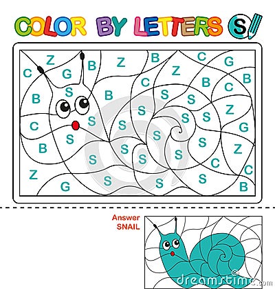 Color by letter. Puzzle for children. Snail Vector Illustration