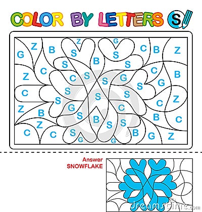 Color by letter. Puzzle for children. Snowflake Vector Illustration