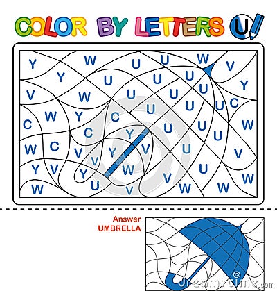 Color by letter. Puzzle for children. Umbrella Vector Illustration