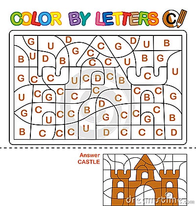 Color by letters. Learning the capital letters of the alphabet. Puzzle for children. Letter C. Castle. Preschool Education. Vector Illustration