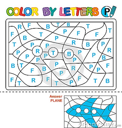 Color by letters. Learning the capital letters of the alphabet. Puzzle for children. Letter P. Plane. Preschool Education. Vector Illustration