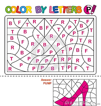 Color by letters. Learning the capital letters of the alphabet. Puzzle for children. Letter P. Pumps. Preschool Education. Vector Illustration