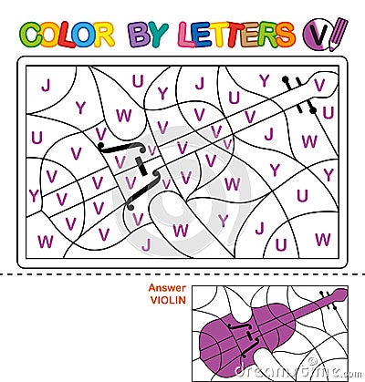 Color by letters. Learning the capital letters of the alphabet. Puzzle for children. Letter V. Violin. Preschool Education. Vector Illustration