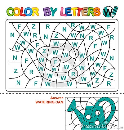 Color by letters. Learning the capital letters of the alphabet. Puzzle for children. Letter W. Watering Can. Preschool Education. Vector Illustration