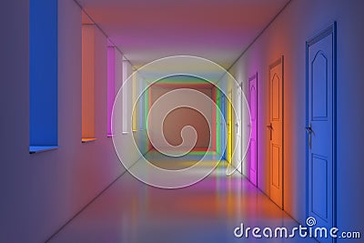 Color Lights in Modern Long Office, School, Hotel or Hospital Co Stock Photo