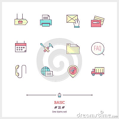 Color line icon set of basic, universal objects and tools elements. Basic tools for webpage logo icons vector illustration Cartoon Illustration