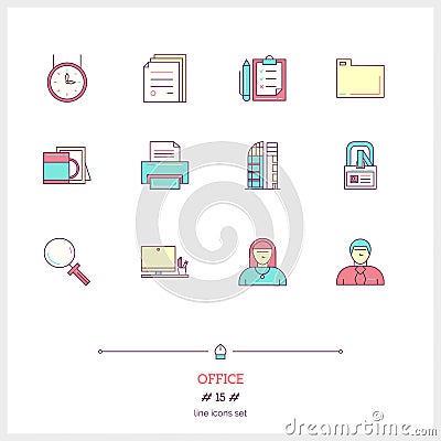 Color line icon set of office equipment, objects and tools elements. Time management logo icons vector illustration Cartoon Illustration