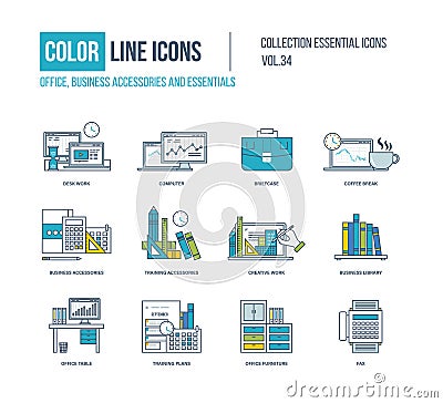 Color Line icons collection. Business accessories and essentials. Vector Illustration