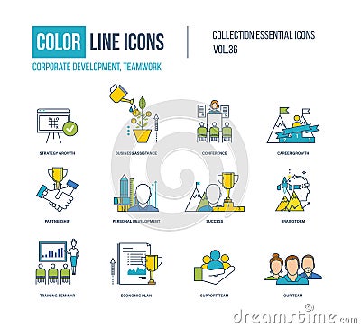 Color Line icons collection. Corporate development, teamwork concept. Vector Illustration