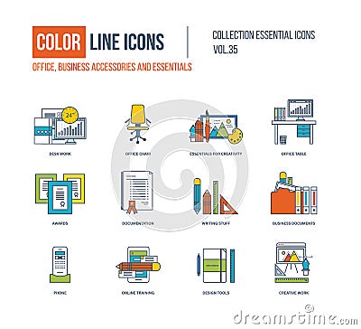 Color Line icons collection. Office, business accessories. Vector Illustration