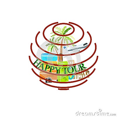 Color logo for travel agencies and recreation with airplane, globe and palm trees Vector Illustration