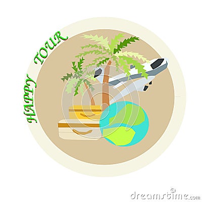 Color logo for travel agencies and recreation with airplane, globe and palm trees Vector Illustration