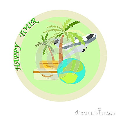 Color logo for travel agencies and recreation with airplane, globe and palm trees Vector Illustration