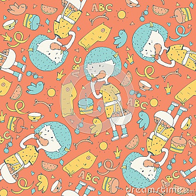 Color lovely illustration with cute little girl eating apple in seamless pattern on orange background. Girl with blue hair and yel Cartoon Illustration