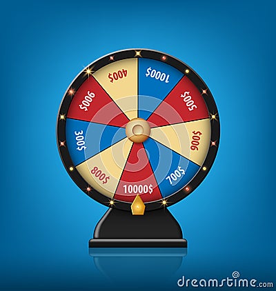 Color Lucky Wheel Template. Realistic Wheel of Fortune isolated on blue background. Vector illustration Vector Illustration