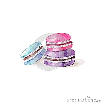 Color macarons on white background, watercolor hand drawn illustration Cartoon Illustration