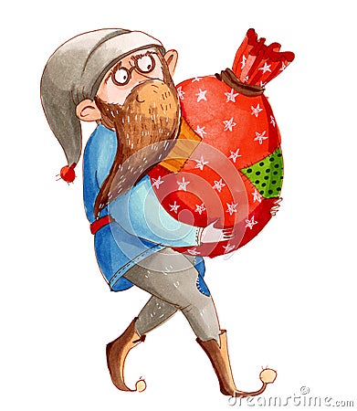 Color marker illustration. Smiling dwarf carries a torn bag full Cartoon Illustration