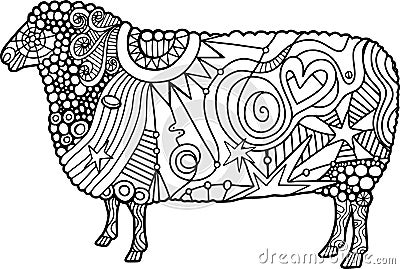 Color Me Folk Art Farm Sheep Doodle Stock Photo