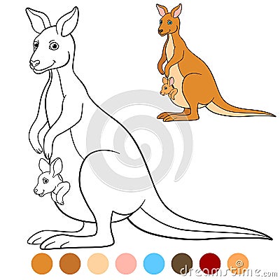 Color me: kangaroo. Mother kangaroo with her little baby. Vector Illustration