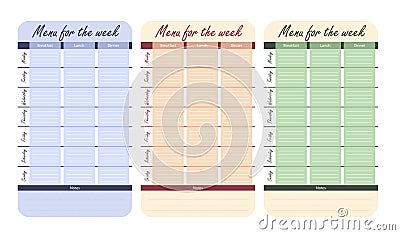 3 color menu options for the week. template for food diary. meal plan for the week vector Stock Photo