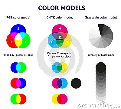 Color mixing diagram. Rgb, cmyk and grayscale color mixing scheme. Rgb and cmyk color spectrum mix description vector Vector Illustration